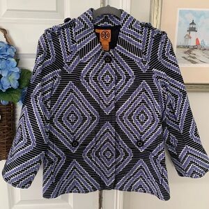 Beautiful Tory Burch jacket. Periwinkle and black geometric print size 8